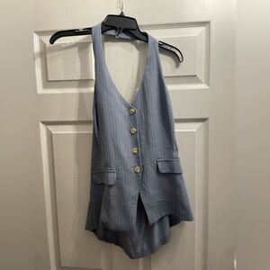 Monteau Gray Blue Pinstripe Linen Blend Vest